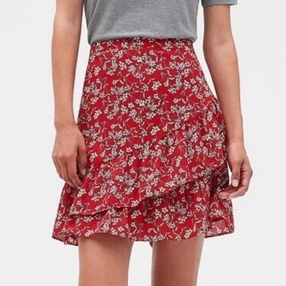 Banana Republic Womens Size 4 Print Ruffle Hem Skirt Warm Combo Red White Floral